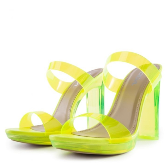 SODA BALI CLEAR NEON YELLOW STRAPS BLOCK HEEL SANDALS - Picture 5 of 5